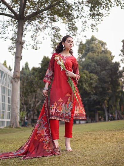 Red Cotton Beads And Stones Pakistani Straight Kurta Trouser Dupatta Set