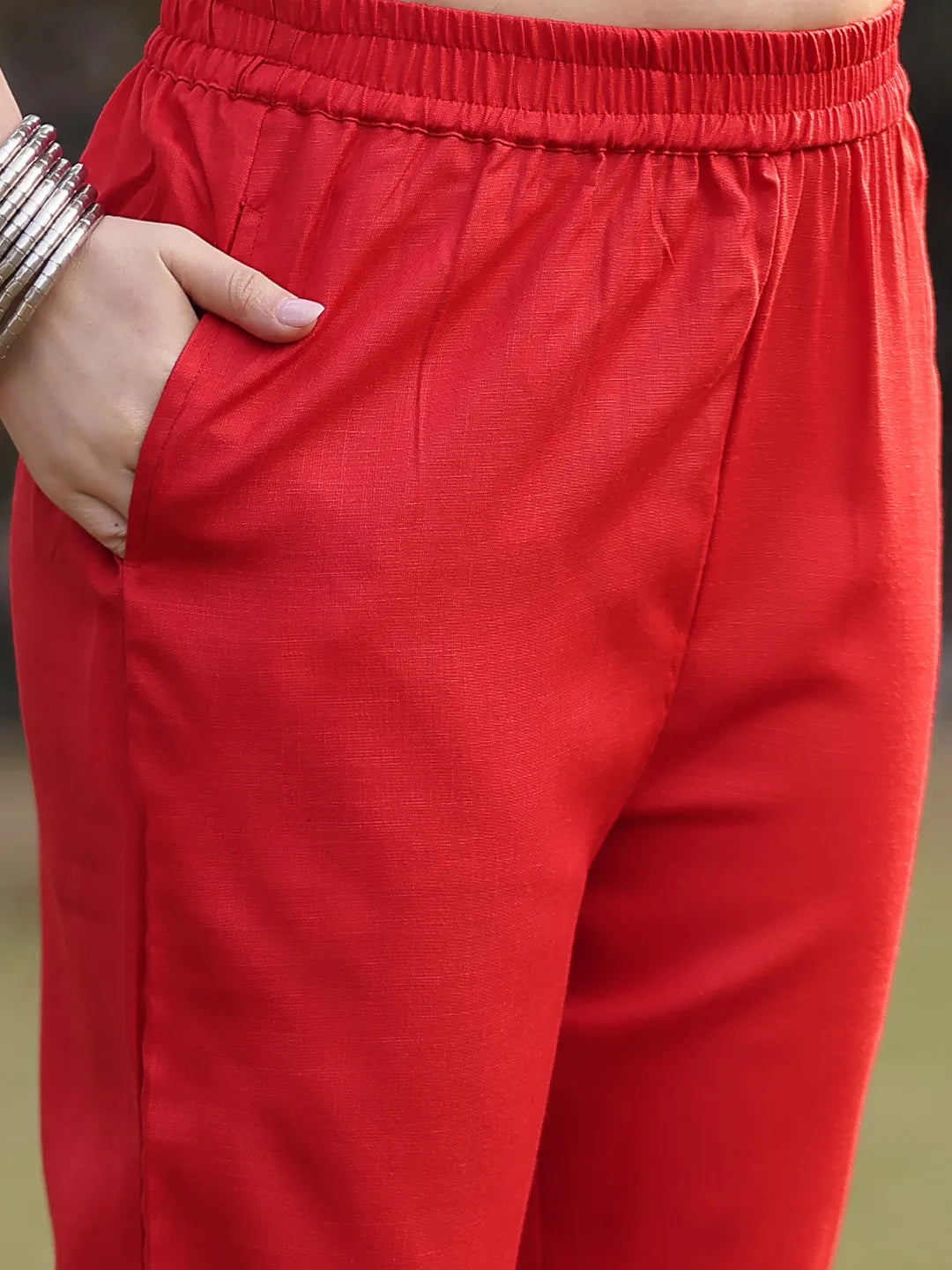 Red Cotton Beads And Stones Pakistani Straight Kurta Trouser Dupatta Set