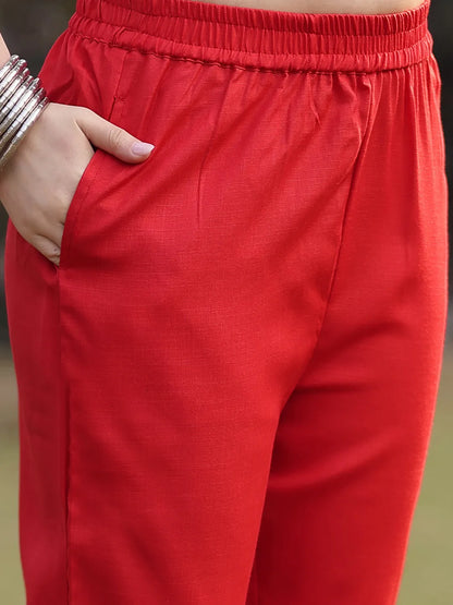 Red Cotton Beads And Stones Pakistani Straight Kurta Trouser Dupatta Set