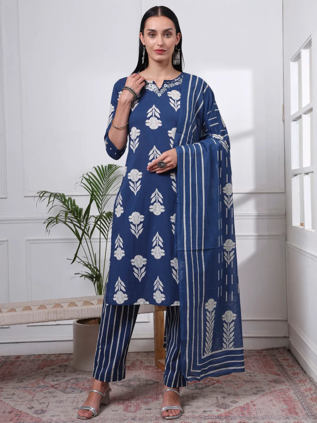 Navy Blue Pure Cotton Floral Thread Work Kurta Dupatta Pant Set