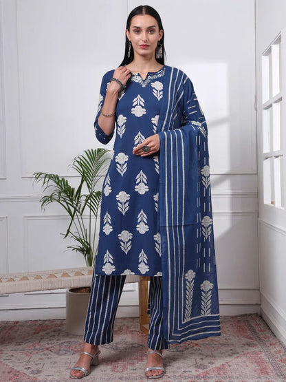 Navy Blue Pure Cotton Floral Thread Work Kurta Dupatta Pant Set