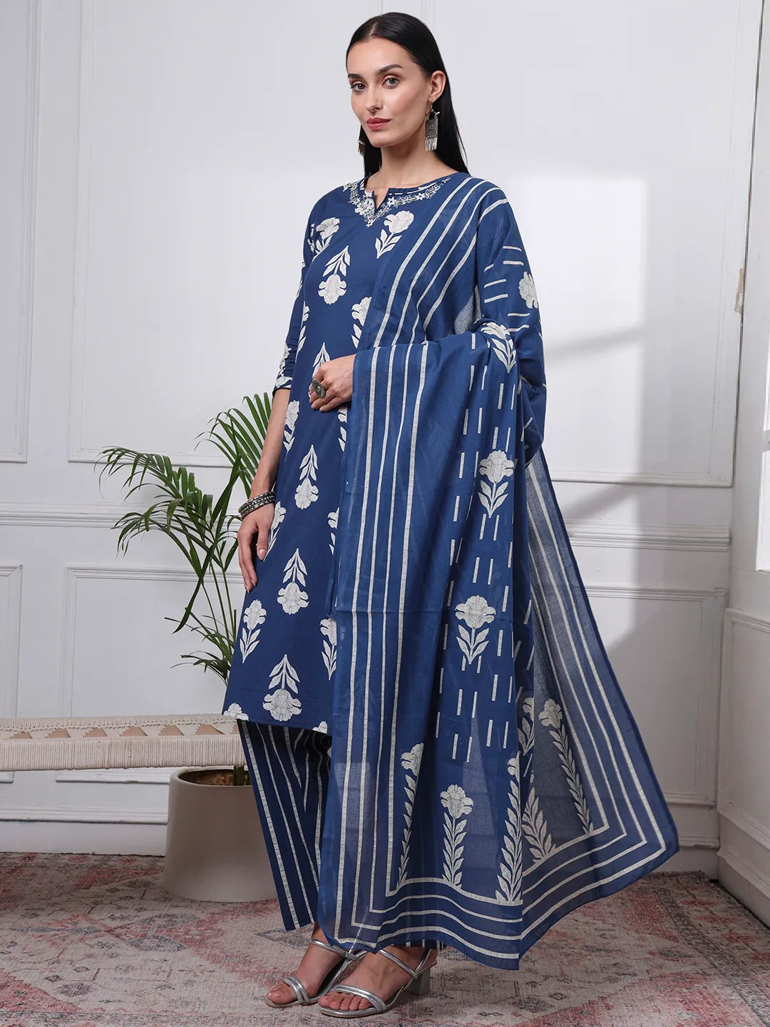 Navy Pure Cotton Floral Thread Work Kurta Dupatta Pant Set