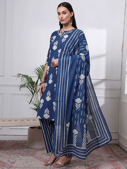 Navy Blue Pure Cotton Floral Thread Work Kurta Dupatta Pant Set