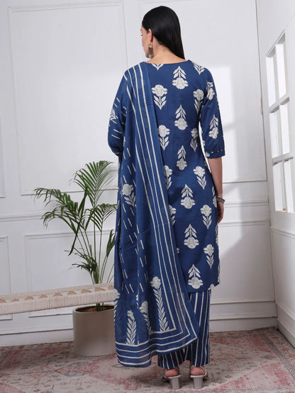 Navy Blue Pure Cotton Floral Thread Work Kurta Dupatta Pant Set
