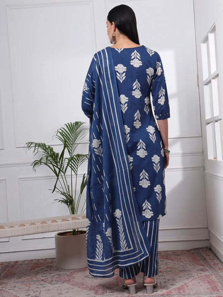 Navy Pure Cotton Floral Thread Work Kurta Dupatta Pant Set