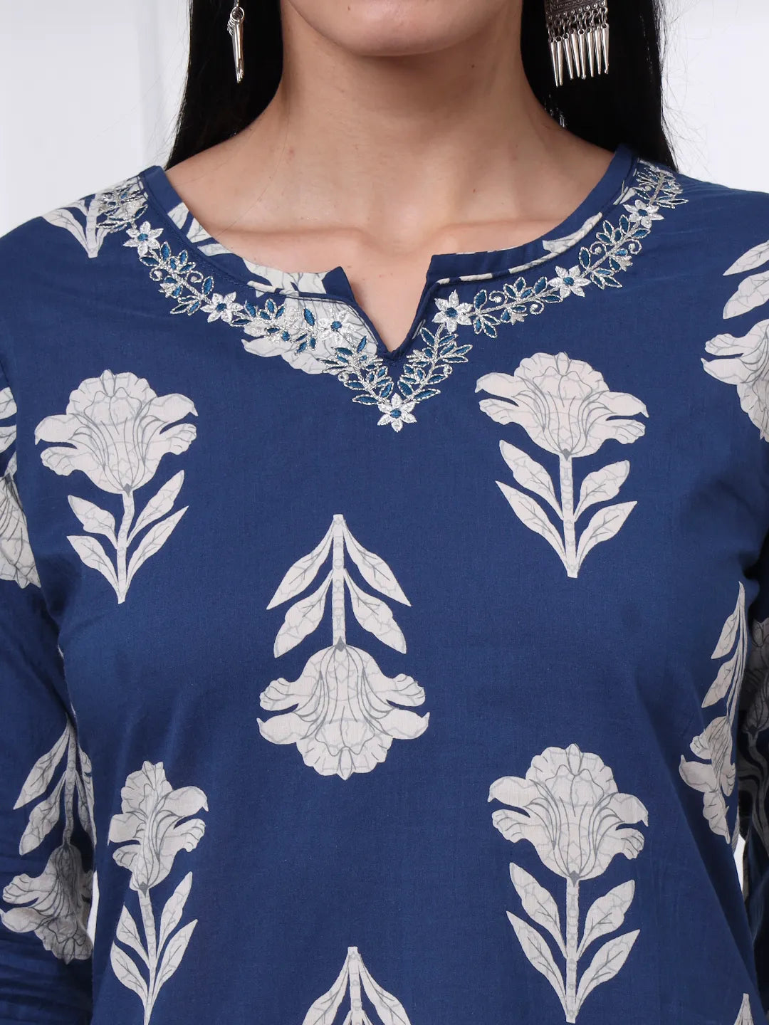Navy Pure Cotton Floral Thread Work Kurta Dupatta Pant Set