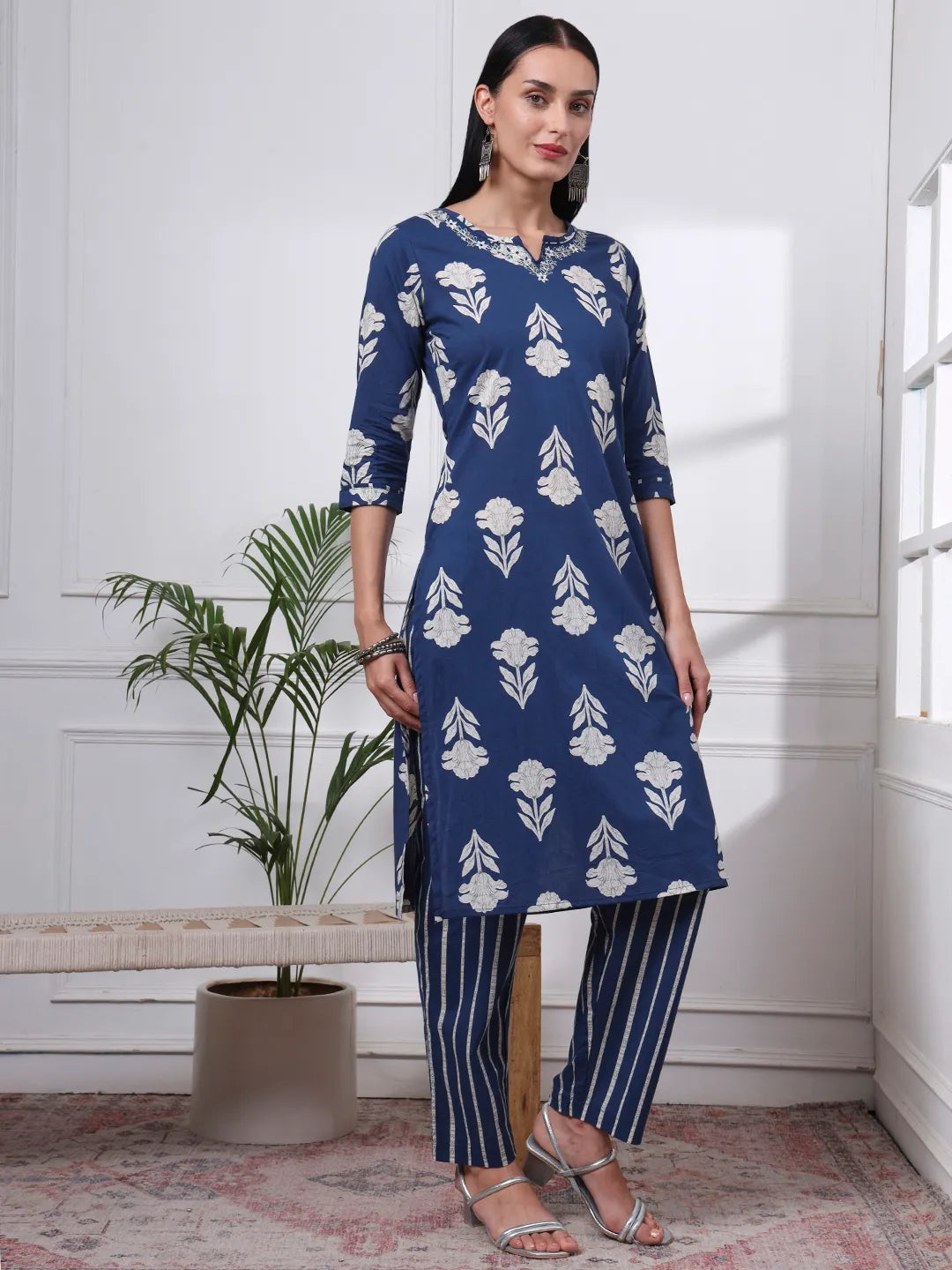 Navy Pure Cotton Floral Thread Work Kurta Dupatta Pant Set