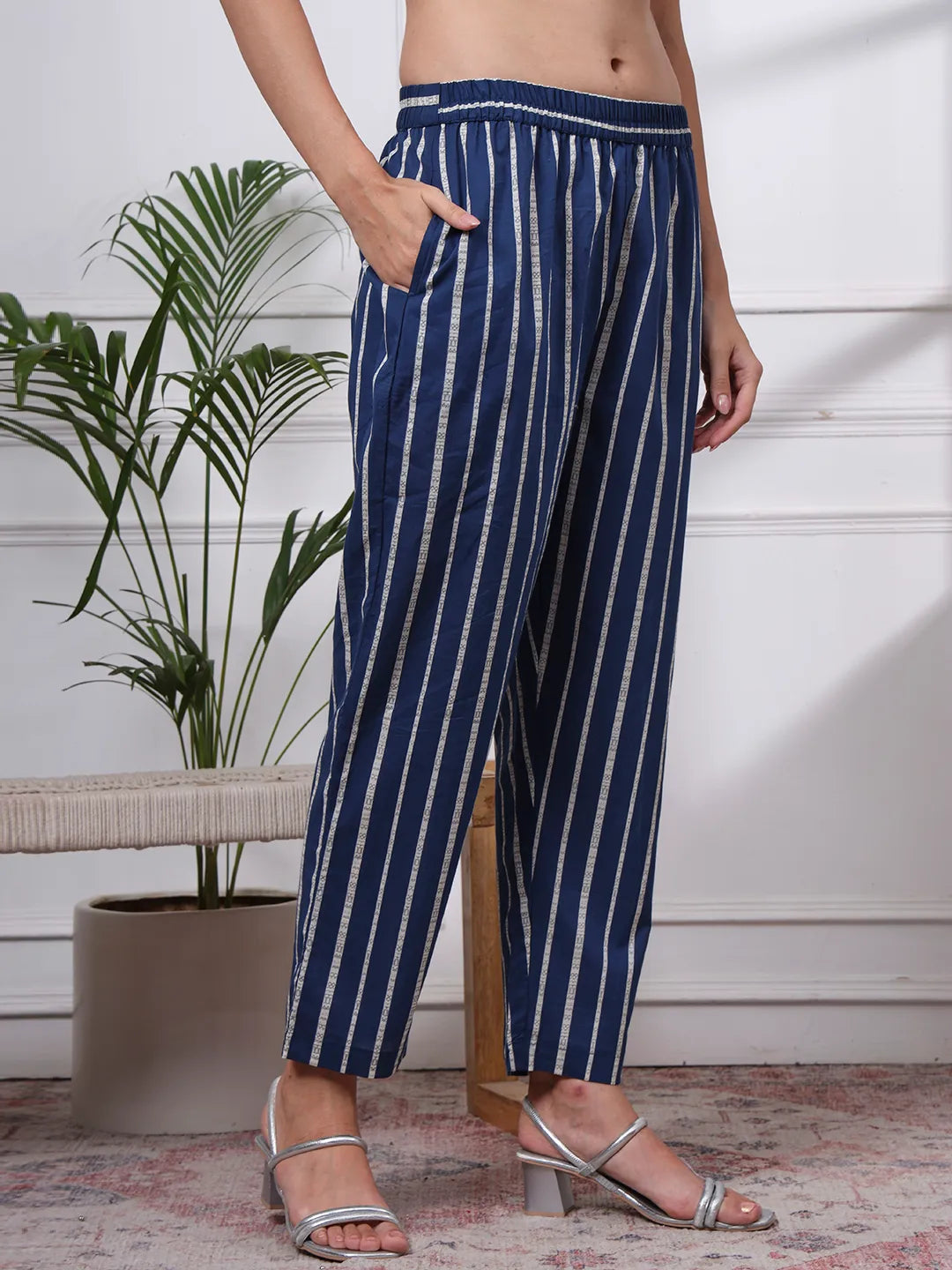 Navy Pure Cotton Floral Thread Work Kurta Dupatta Pant Set