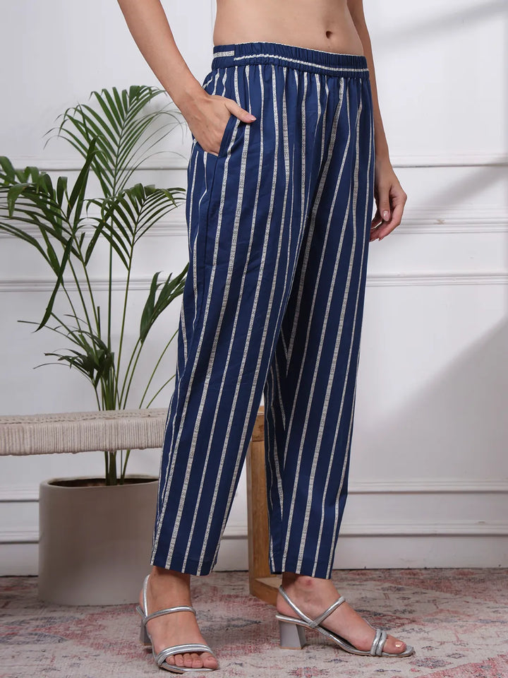 Navy Pure Cotton Floral Thread Work Kurta Dupatta Pant Set