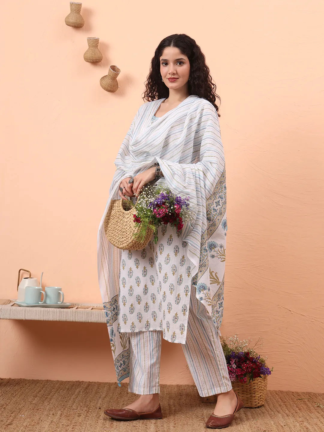 Blue And White Pure Cotton Kurta Dupatta Pant Set