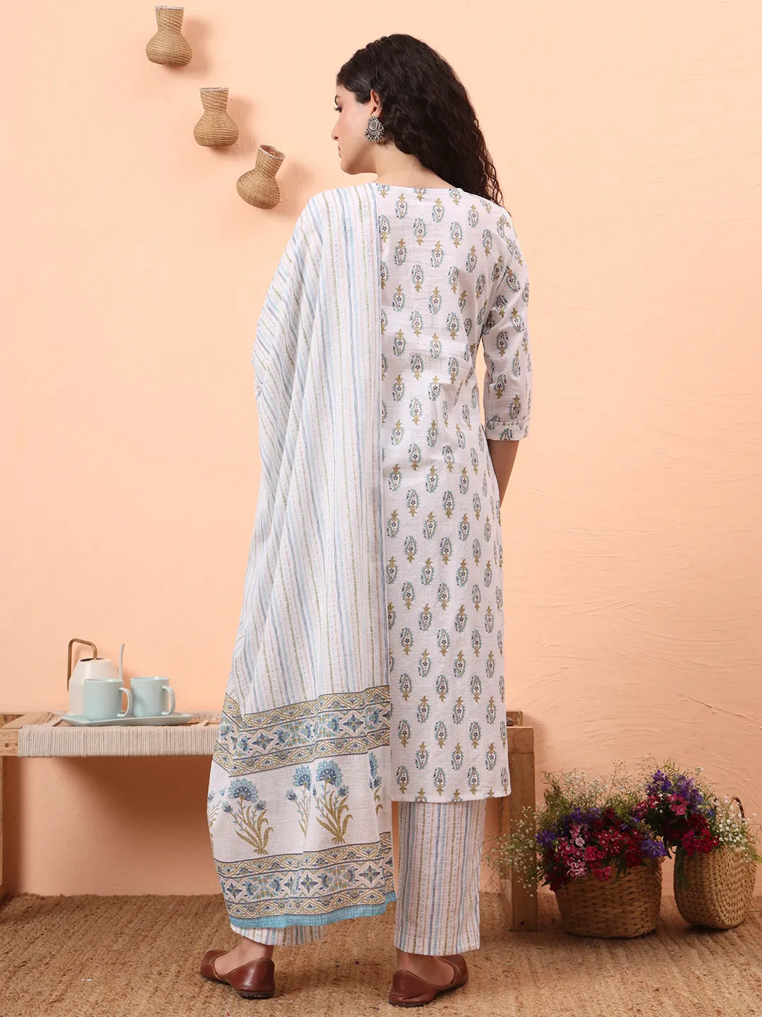 Blue And White Pure Cotton Kurta Dupatta Pant Set