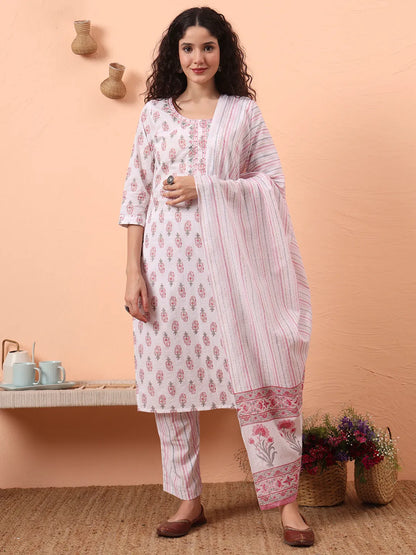 Pink And White Pure Cotton Kurta Dupatta Pant Set