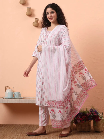 Pink And White Pure Cotton Kurta Dupatta Pant Set