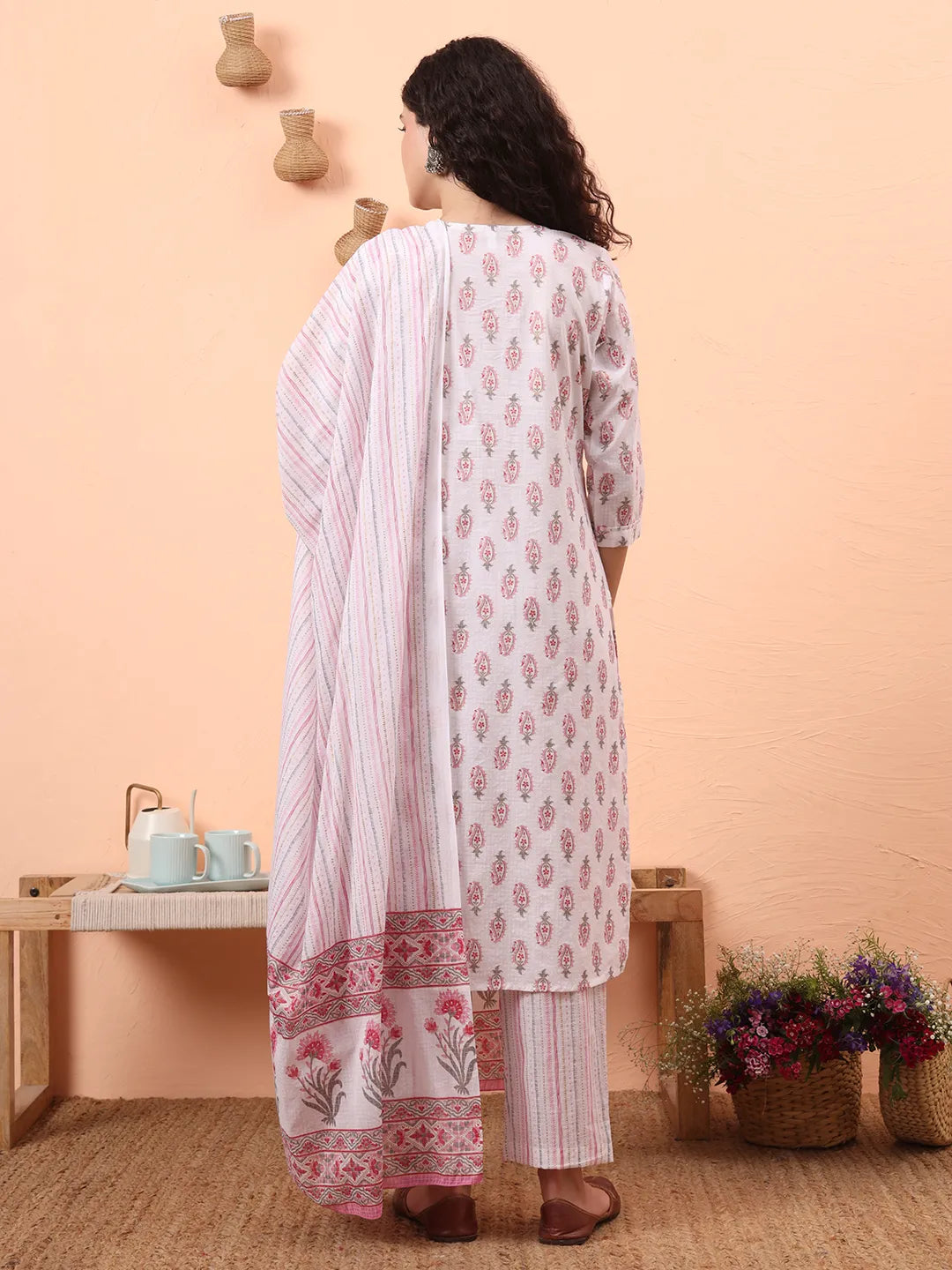 Pink And White Pure Cotton Kurta Dupatta Pant Set