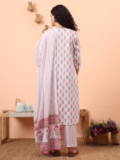 Pink And White Pure Cotton Kurta Dupatta Pant Set