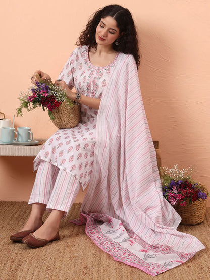 Pink And White Pure Cotton Kurta Dupatta Pant Set