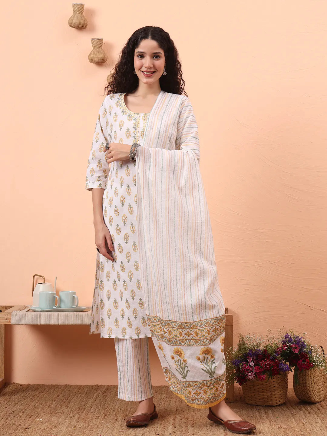Yellow And White Pure Cotton Kurta Dupatta Pant Set