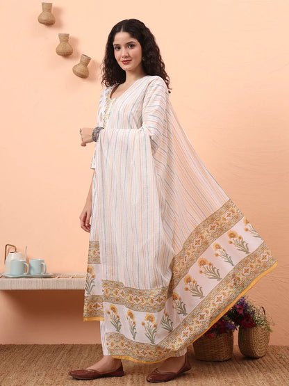 Yellow And White Pure Cotton Kurta Dupatta Pant Set