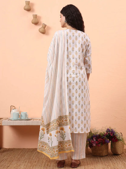 Yellow And White Pure Cotton Kurta Dupatta Pant Set