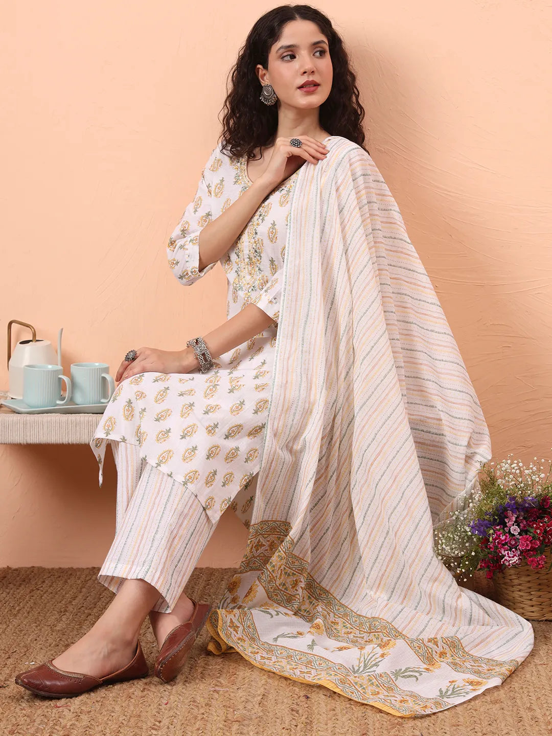 Yellow And White Pure Cotton Kurta Dupatta Pant Set