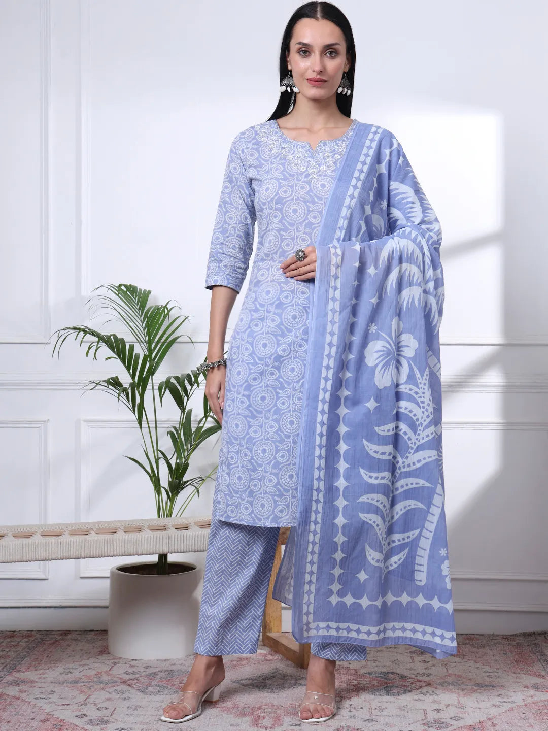 Women's Sky Blue Cotton Sky Blue Pure Cotton Ethnic Motifs Thread Work Kurta Dupatta Pant Set by Yufta, suitable for wholesale buyers, boutiques, retailers, resellers and bulk fashion orders from Trendphoria