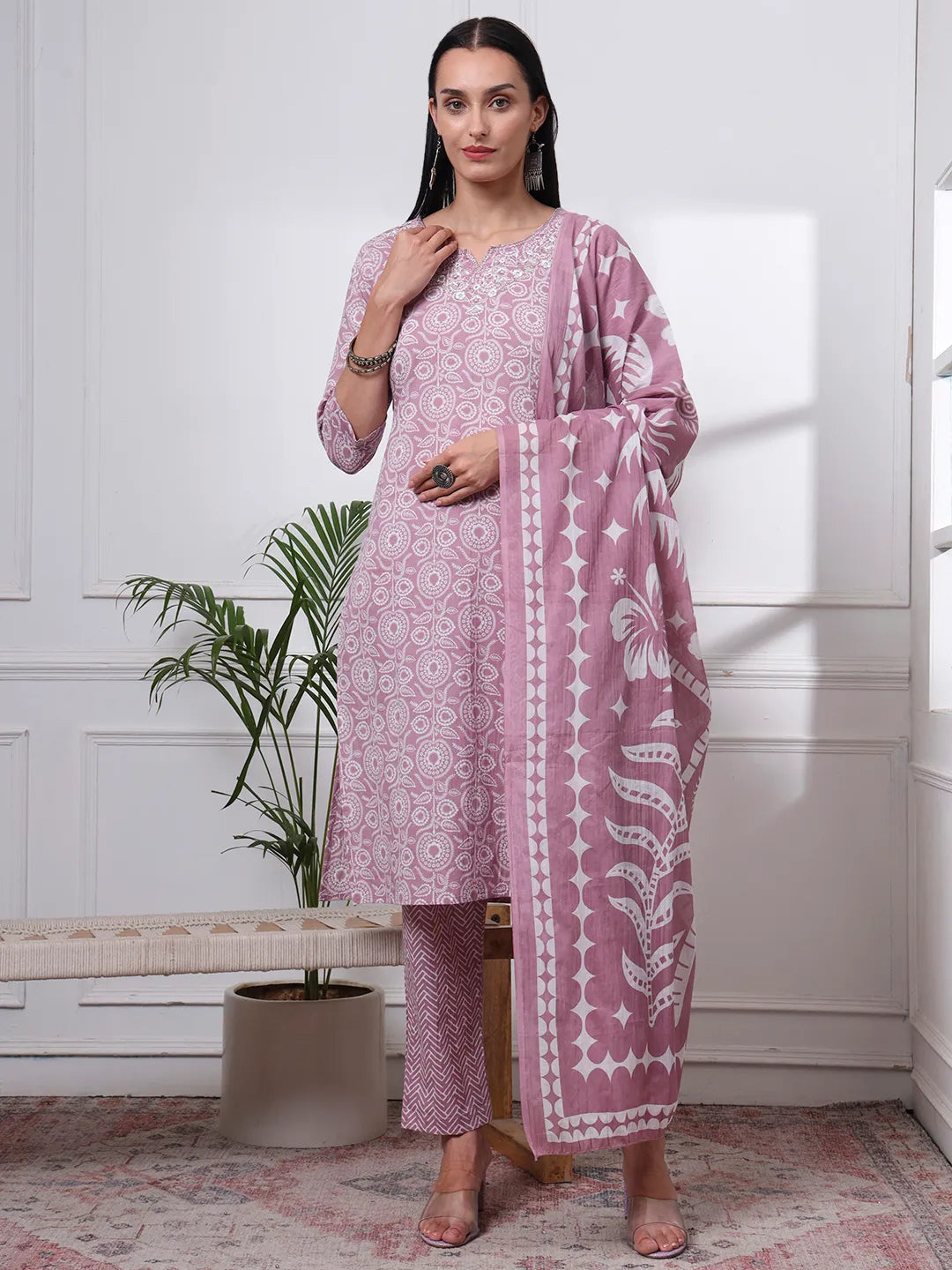 Mauve Pure Cotton Ethnic Motifs Thread Work Kurta Dupatta Pant Set
