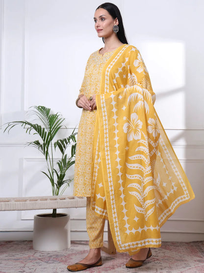 Yellow Pure Cotton Ethnic Motifs Thread Work Kurta Dupatta Pant Set