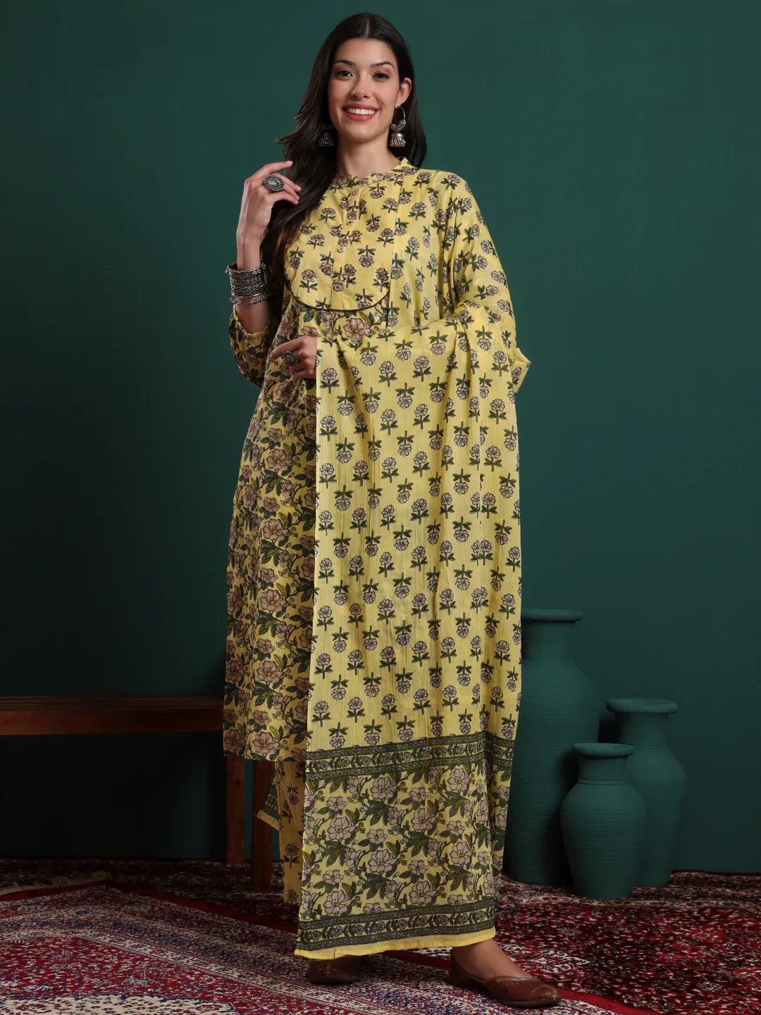 Yellow Cotton Floral Print Sequins Work Kurta Pants Dupatta Set