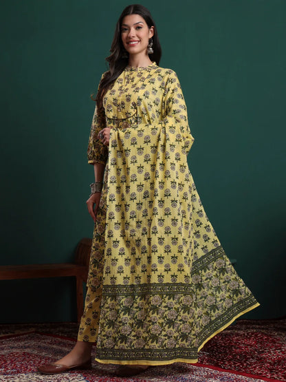 Yellow Cotton Floral Print Sequins Work Kurta Pants Dupatta Set