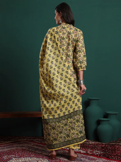 Yellow Cotton Floral Print Sequins Work Kurta Pants Dupatta Set