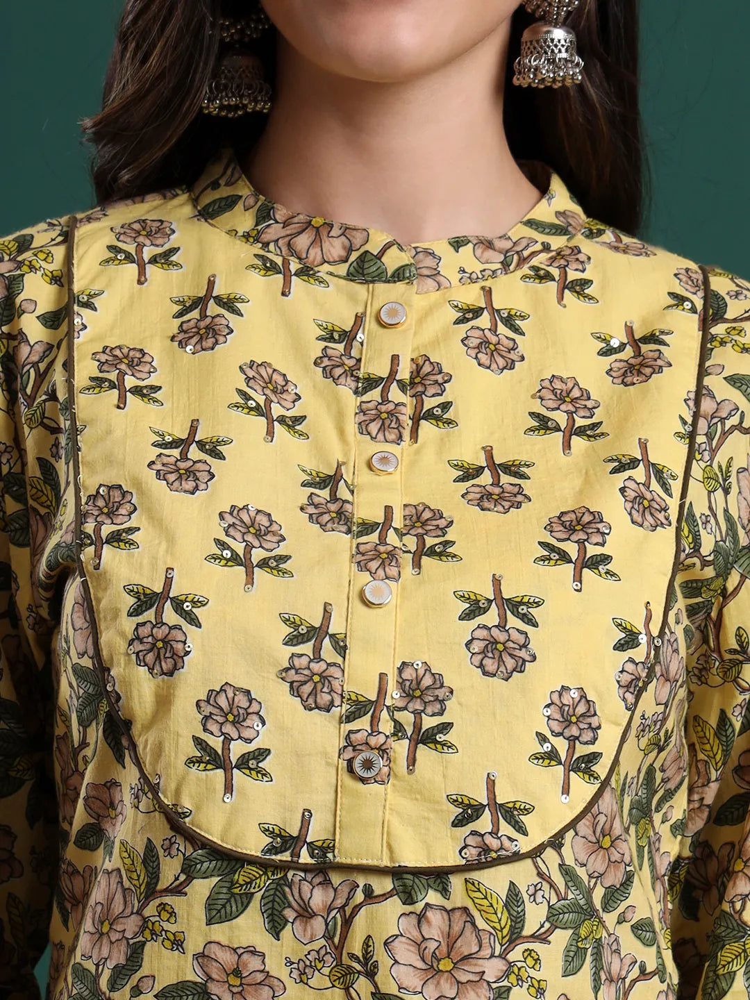 Yellow Cotton Floral Print Sequins Work Kurta Pants Dupatta Set