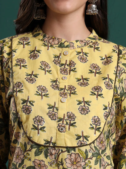 Yellow Cotton Floral Print Sequins Work Kurta Pants Dupatta Set