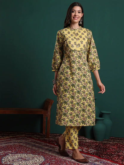 Yellow Cotton Floral Print Sequins Work Kurta Pants Dupatta Set