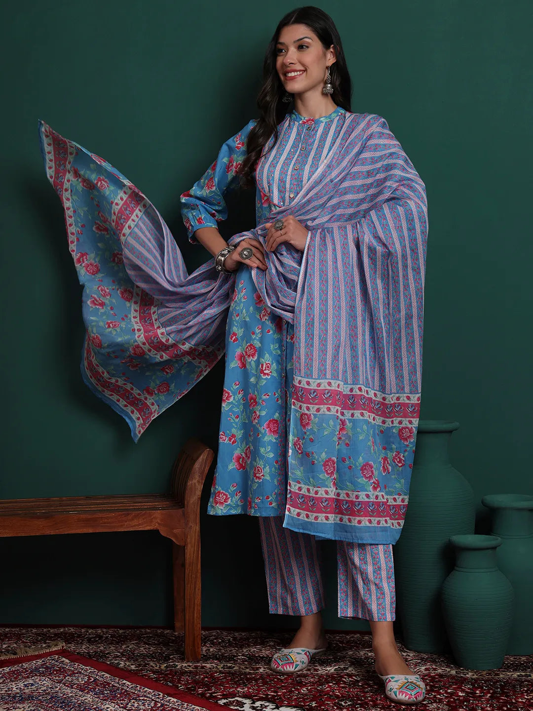 Turquoise Blue Cotton Floral Print Sequins Work Kurta Pants Dupatta Set