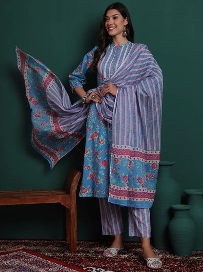 Turquoise Blue Cotton Floral Print Sequins Work Kurta Pants Dupatta Set
