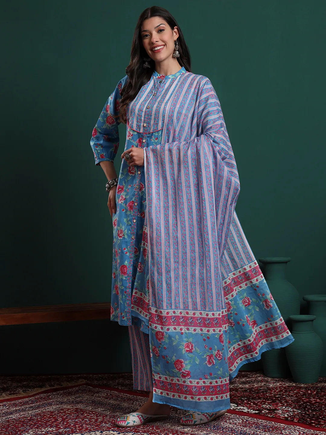 Turquoise Blue Cotton Floral Print Sequins Work Kurta Pants Dupatta Set