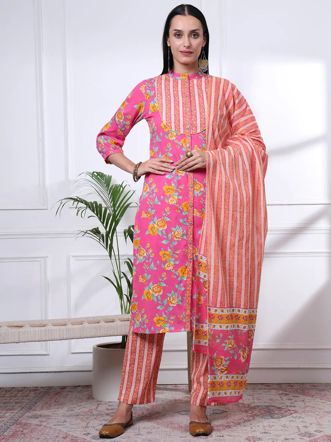 Pink Pure Cotton Floral Sequins Work Kurta Dupatta Pant Set