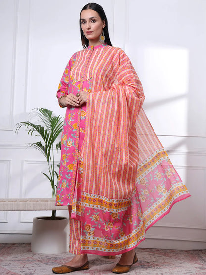Pink Pure Cotton Floral Sequins Work Kurta Dupatta Pant Set