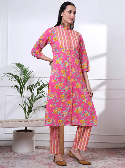 Pink Pure Cotton Floral Sequins Work Kurta Dupatta Pant Set