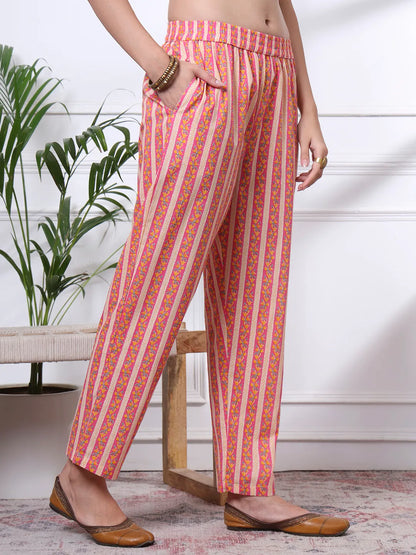 Pink Pure Cotton Floral Sequins Work Kurta Dupatta Pant Set