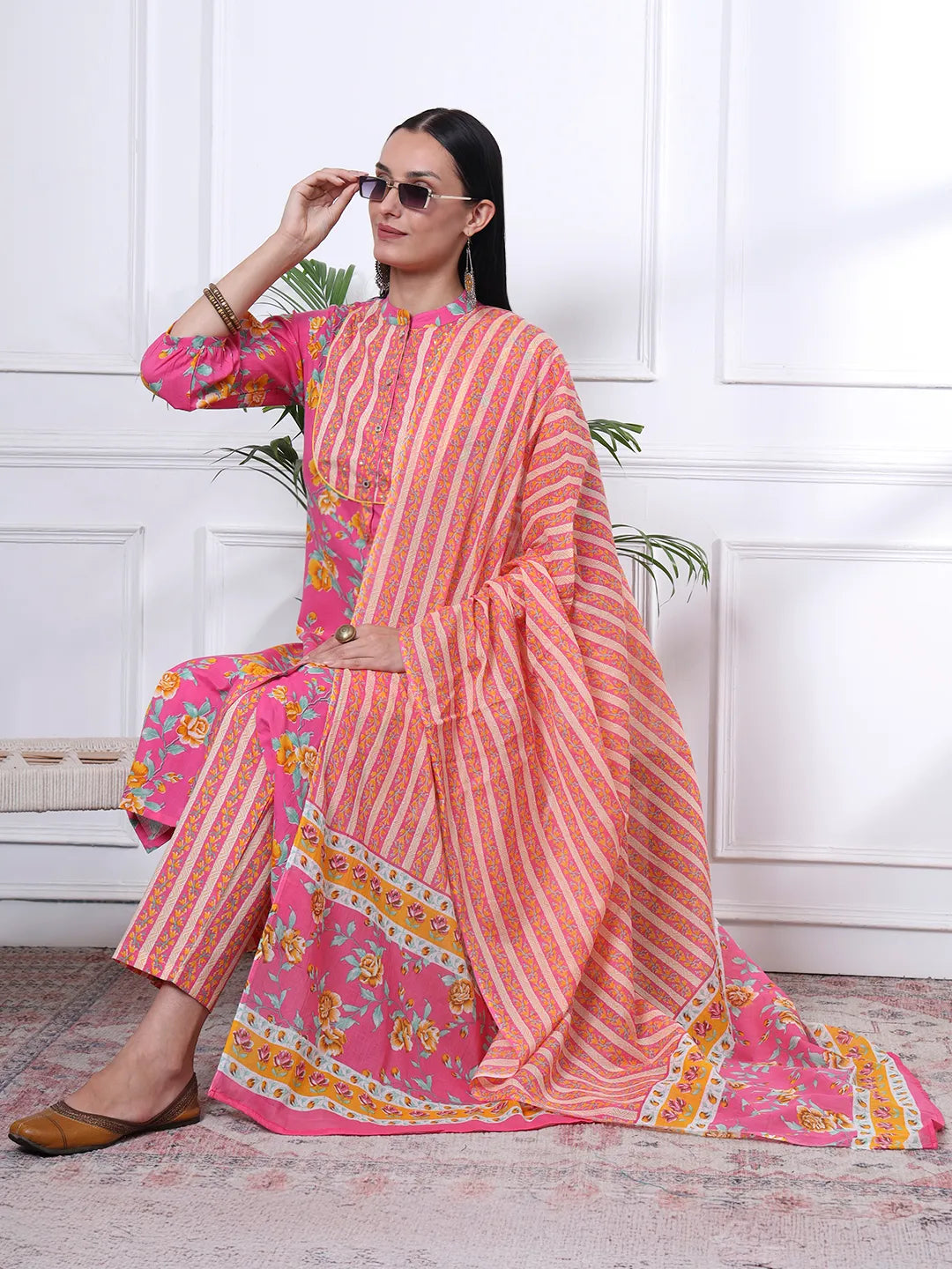 Pink Pure Cotton Floral Sequins Work Kurta Dupatta Pant Set