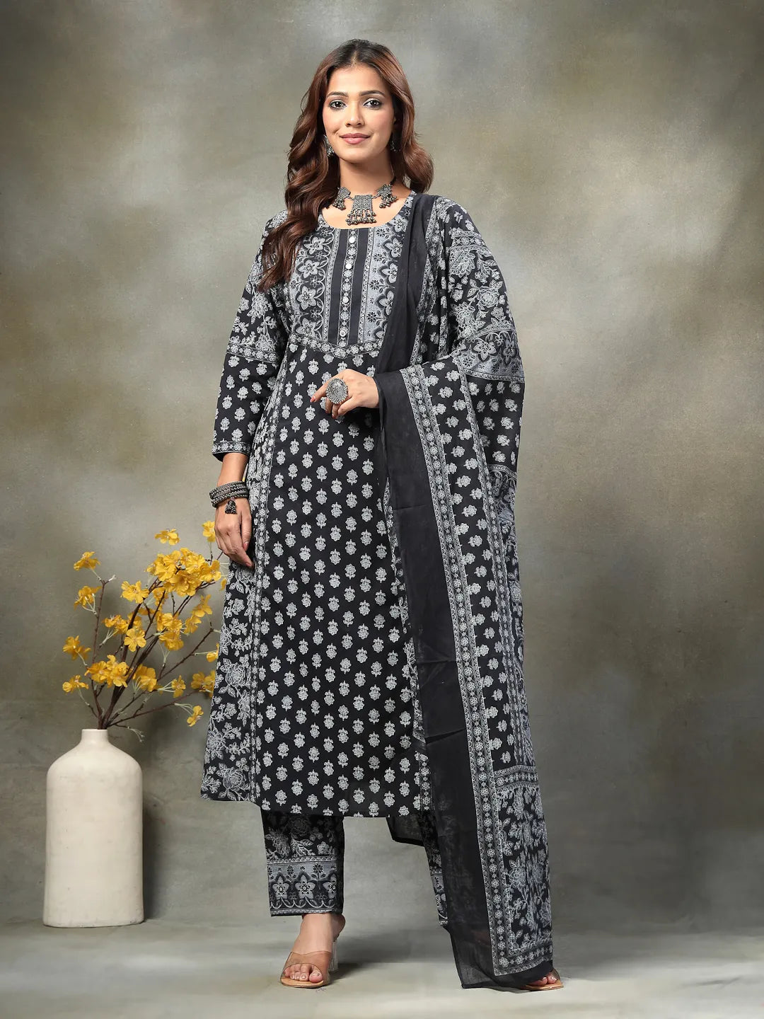 Black Floral Print Sequins Work Cotton A-Line Kurta And Trouser With Dupatta Set
