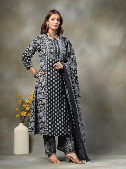 Black Floral Print Sequins Work Cotton A-Line Kurta And Trouser With Dupatta Set