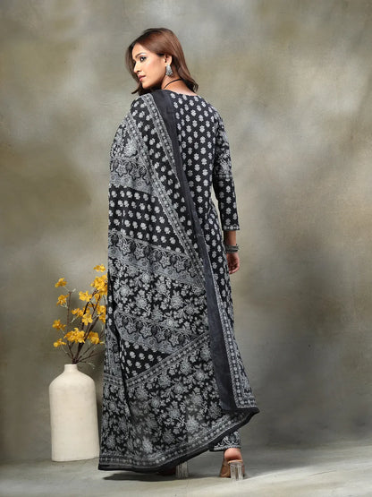 Black Floral Print Sequins Work Cotton A-Line Kurta And Trouser With Dupatta Set