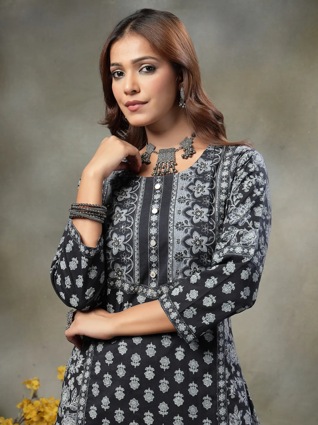 Black Floral Print Sequins Work Cotton A-Line Kurta And Trouser With Dupatta Set