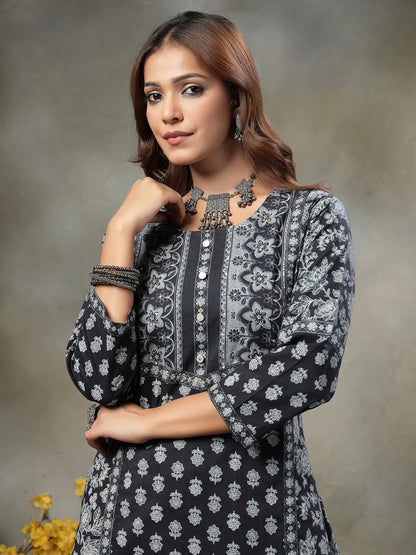 Black Floral Print Sequins Work Cotton A-Line Kurta And Trouser With Dupatta Set