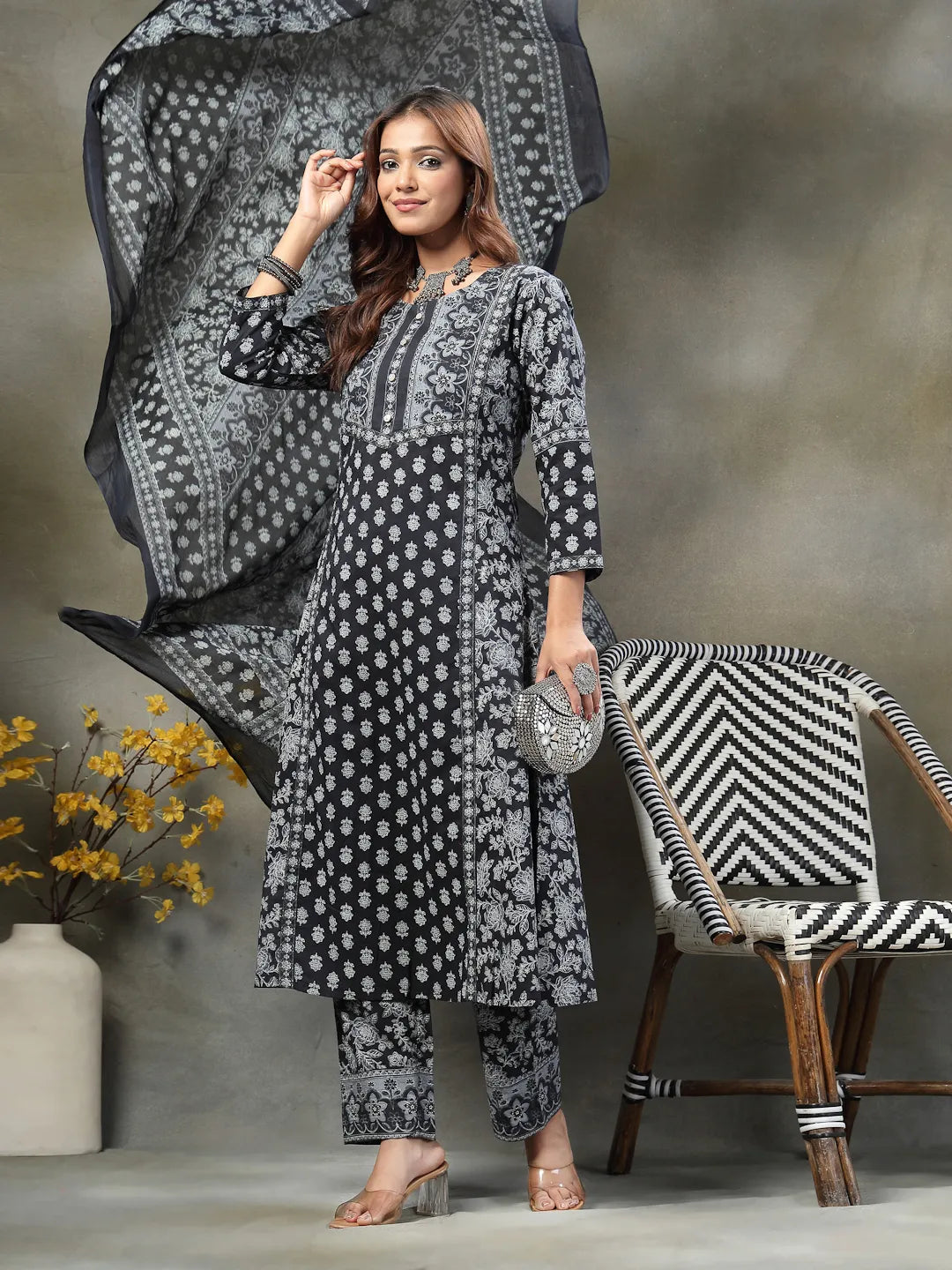 Black Floral Print Sequins Work Cotton A-Line Kurta And Trouser With Dupatta Set
