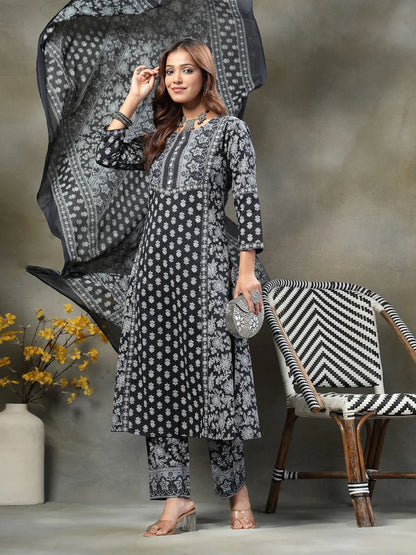 Black Floral Print Sequins Work Cotton A-Line Kurta And Trouser With Dupatta Set