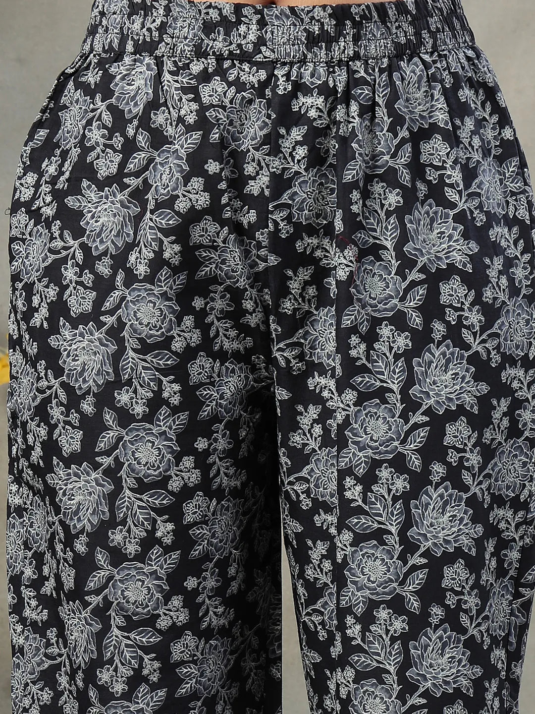 Black Floral Print Sequins Work Cotton A-Line Kurta And Trouser With Dupatta Set