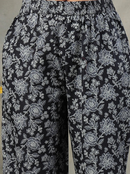 Black Floral Print Sequins Work Cotton A-Line Kurta And Trouser With Dupatta Set